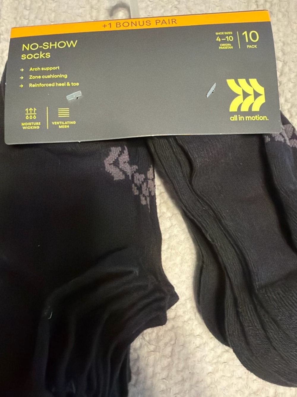 all in motion Women’s No-Show Socks – Black with Gray Pattern (10 Pack)
